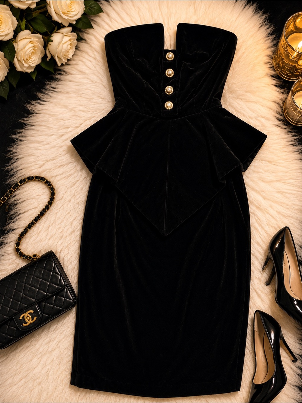 Vintage 80s Victor Costa Bergdorf Goodman Black Velvet Peplum Dress Size 6